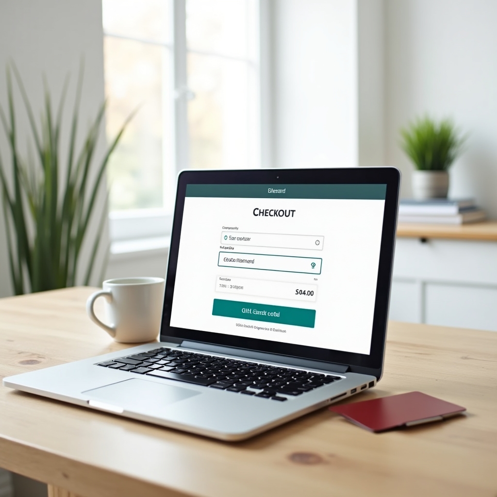Online shopping checkout page with a gift card code entry field on a laptop